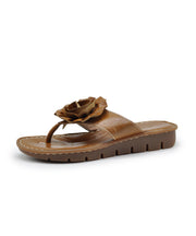Boutique Brown Cowhide Leather Flip Flops Splicing Floral