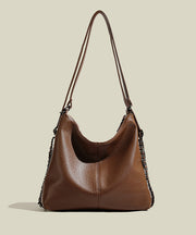 Boutique Brown Large Capacity Solid Durable Faux Leather Shoulder Bags