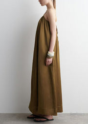Boutique Brown Oversized Wrinkled Linen Spaghetti Strap Dress Summer