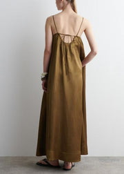 Boutique Brown Oversized Wrinkled Linen Spaghetti Strap Dress Summer