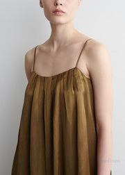 Boutique Brown Oversized Wrinkled Linen Spaghetti Strap Dress Summer