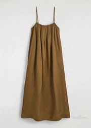 Boutique Brown Oversized Wrinkled Linen Spaghetti Strap Dress Summer