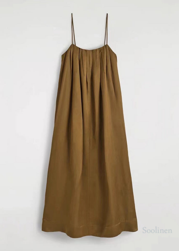 Boutique Brown Oversized Wrinkled Linen Spaghetti Strap Dress Summer