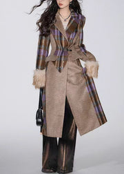 Boutique Brown Plaid Notched Patchwork Woolen Trench Spring