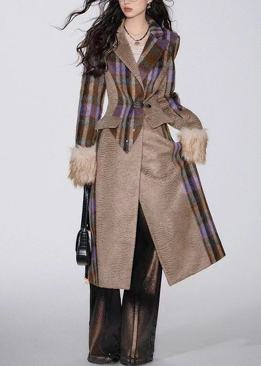 Boutique Brown Plaid Notched Patchwork Woolen Trench Spring