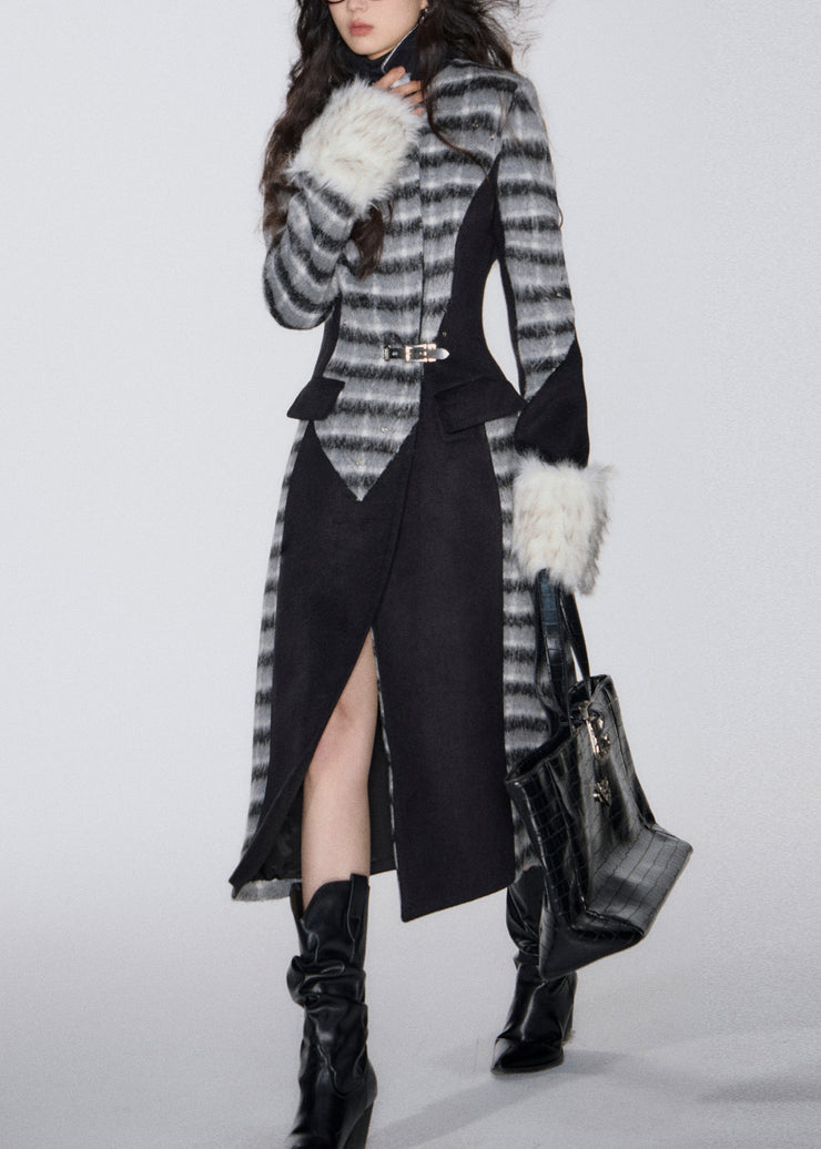 Boutique Brown Plaid Notched Patchwork Woolen Trench Spring