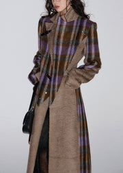 Boutique Brown Plaid Notched Patchwork Woolen Trench Spring