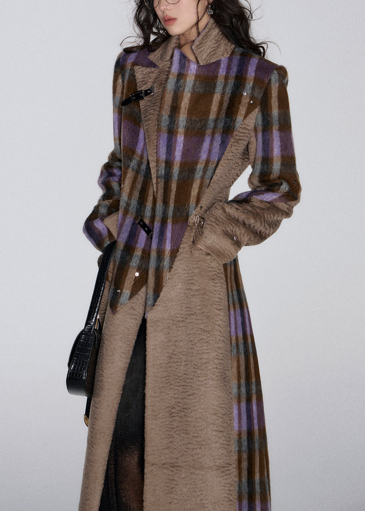 Boutique Brown Plaid Notched Patchwork Woolen Trench Spring