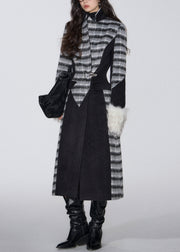 Boutique Brown Plaid Notched Patchwork Woolen Trench Spring