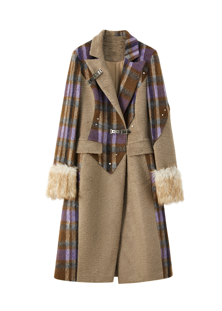 Boutique Brown Plaid Notched Patchwork Woolen Trench Spring