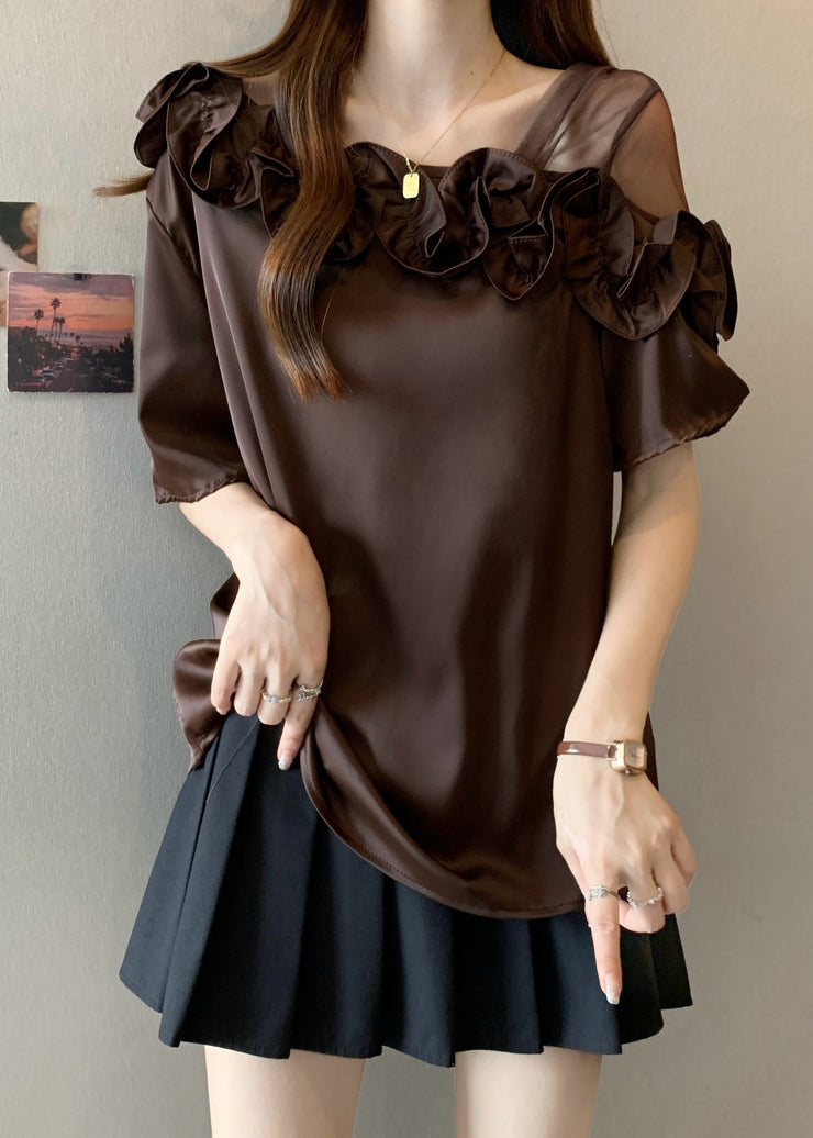 Boutique Brown Ruffled One Shoulder Shirt Tops Summer