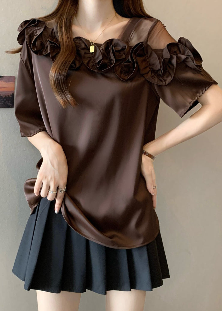 Boutique Brown Ruffled One Shoulder Shirt Tops Summer