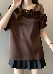 Boutique Brown Ruffled One Shoulder Shirt Tops Summer