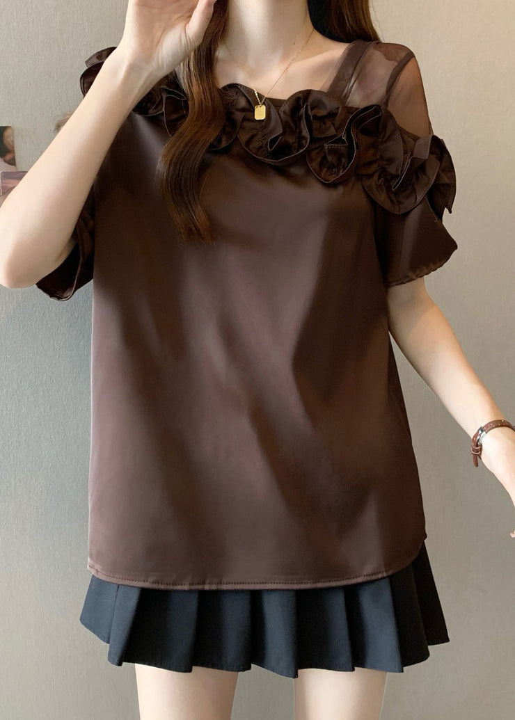 Boutique Brown Ruffled One Shoulder Shirt Tops Summer