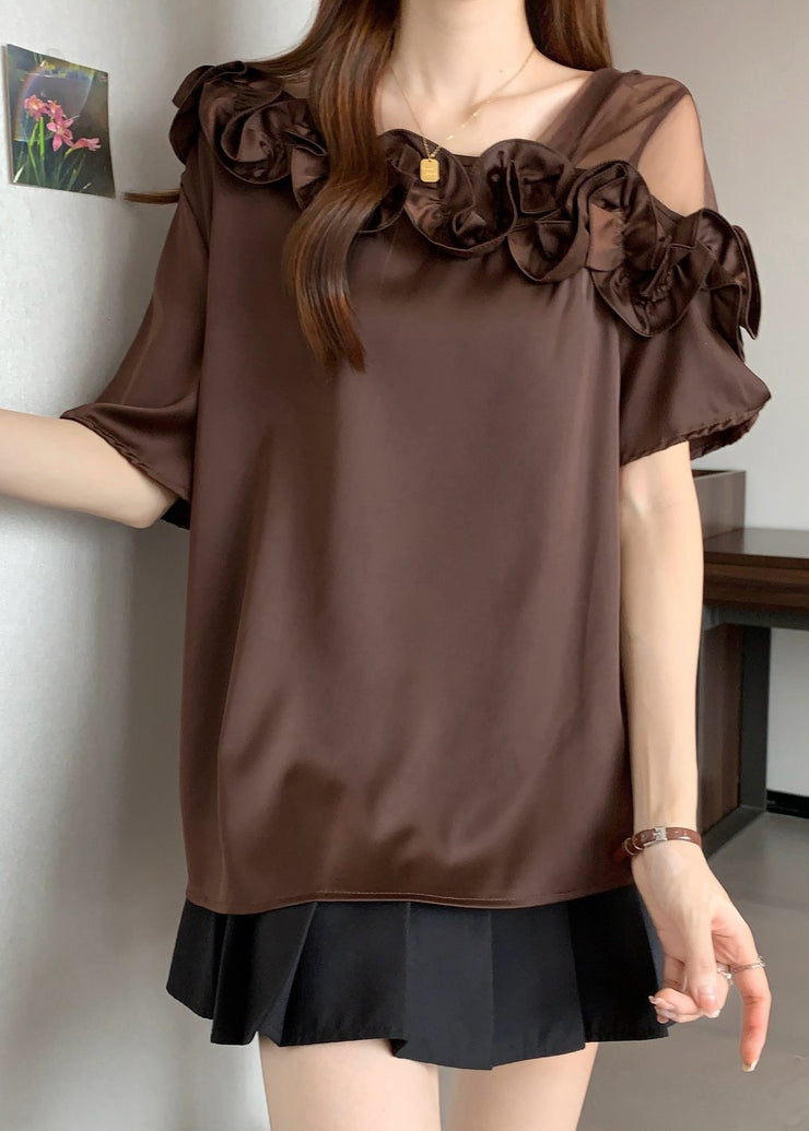 Boutique Brown Ruffled One Shoulder Shirt Tops Summer