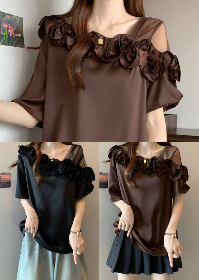 Boutique Brown Ruffled One Shoulder Shirt Tops Summer