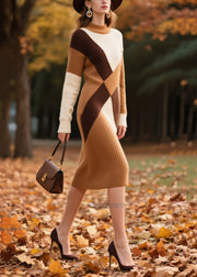 Boutique Brown Wraped Patchwork Knit Dress Winter