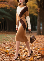 Boutique Brown Wraped Patchwork Knit Dress Winter