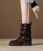 Boutique Buckle Strap Splicing Chunky Boots Khaki Suede
