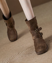Boutique Buckle Strap Splicing Chunky Boots Khaki Suede