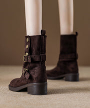 Boutique Buckle Strap Splicing Chunky Boots Khaki Suede