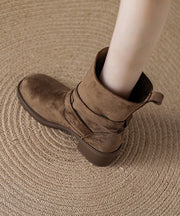 Boutique Buckle Strap Splicing Chunky Boots Khaki Suede