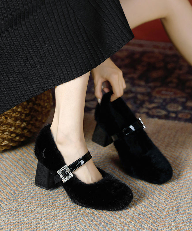Boutique Buckle Strap Splicing Chunky Heel Black Rabbit Wool