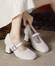 Boutique Buckle Strap Splicing Chunky Heel Black Rabbit Wool
