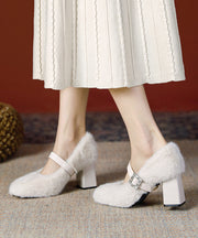 Boutique Buckle Strap Splicing Chunky Heel Black Rabbit Wool