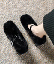 Boutique Buckle Strap Splicing Chunky Heel Black Rabbit Wool