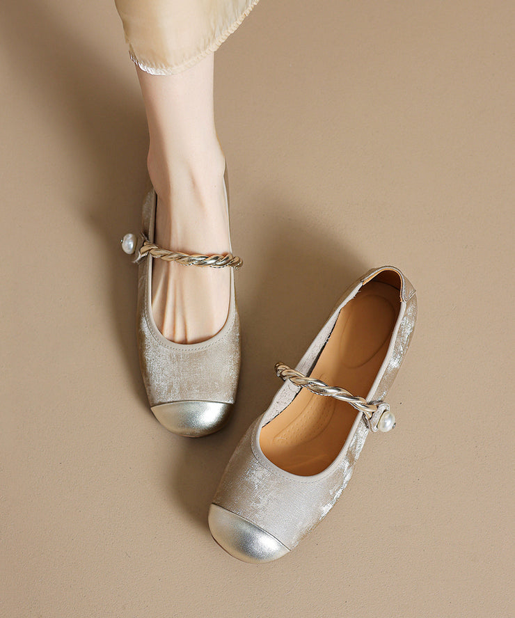Boutique Buckle Strap Splicing Penny Loafers Apricot Cowhide Leather