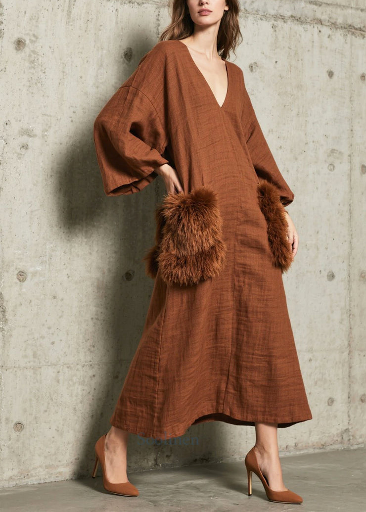 Boutique Caramel V Neck Patchwork Faux Fur Pockets Dresses Fall