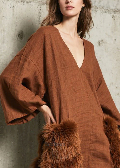 Boutique Caramel V Neck Patchwork Faux Fur Pockets Dresses Fall