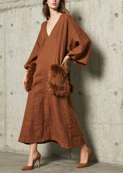 Boutique Caramel V Neck Patchwork Faux Fur Pockets Dresses Fall