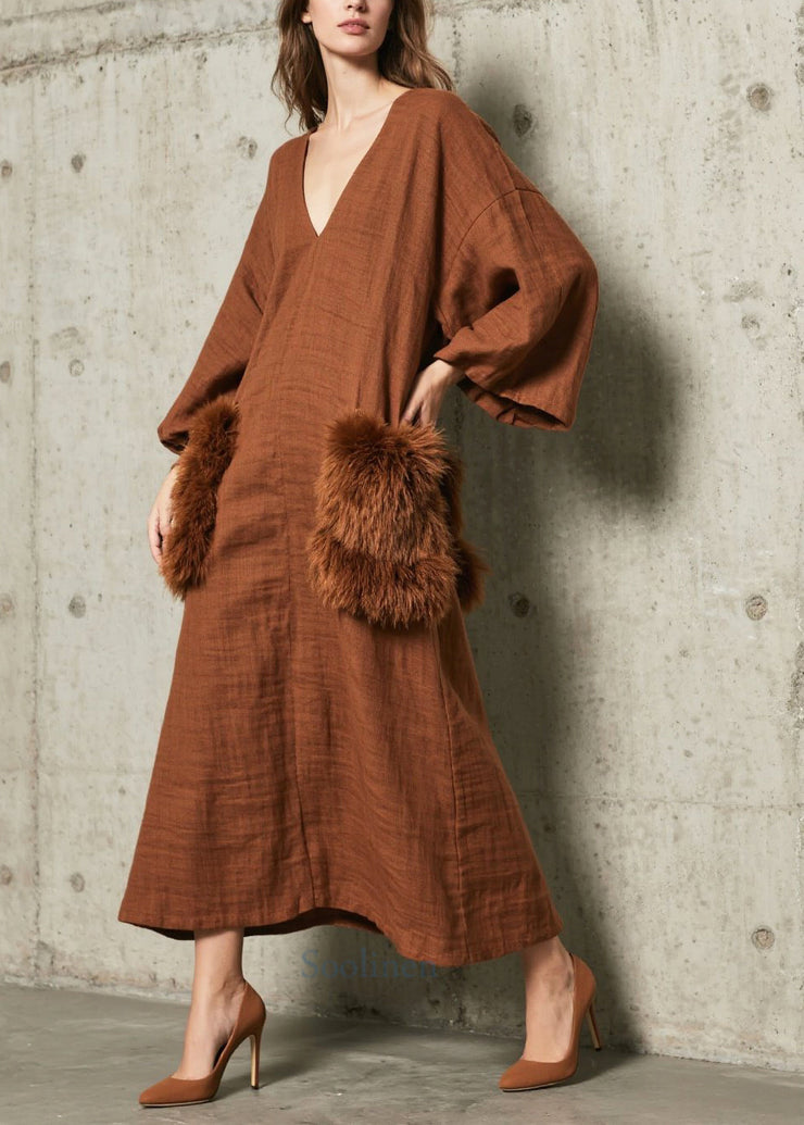 Boutique Caramel V Neck Patchwork Faux Fur Pockets Dresses Fall