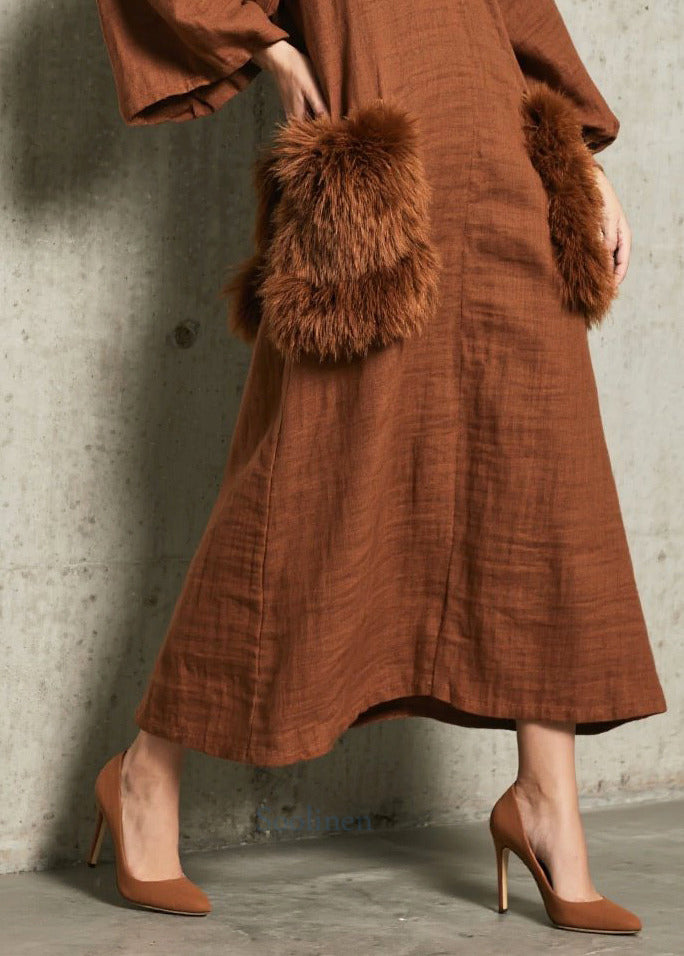 Boutique Caramel V Neck Patchwork Faux Fur Pockets Dresses Fall