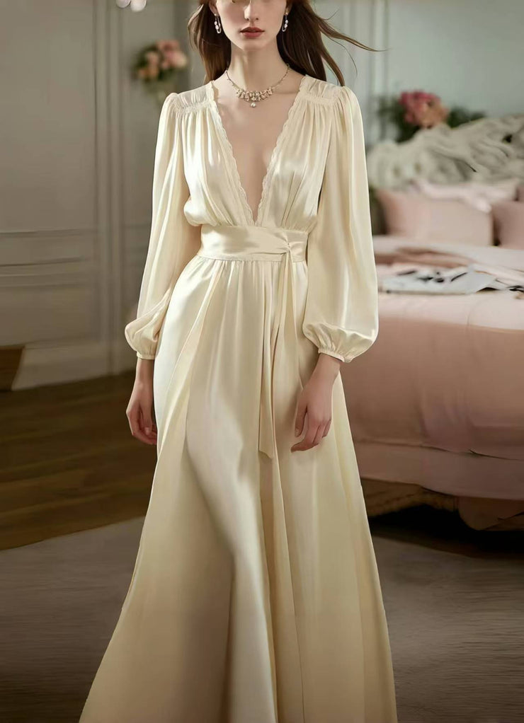 Boutique Champagne Deep-V Neck Draping Silk Long Dress Spring