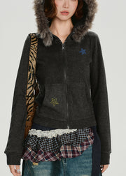 Boutique Charcoal Grey Faux Rabbit Hair Collar Star Cotton Hoodie Coat Winter