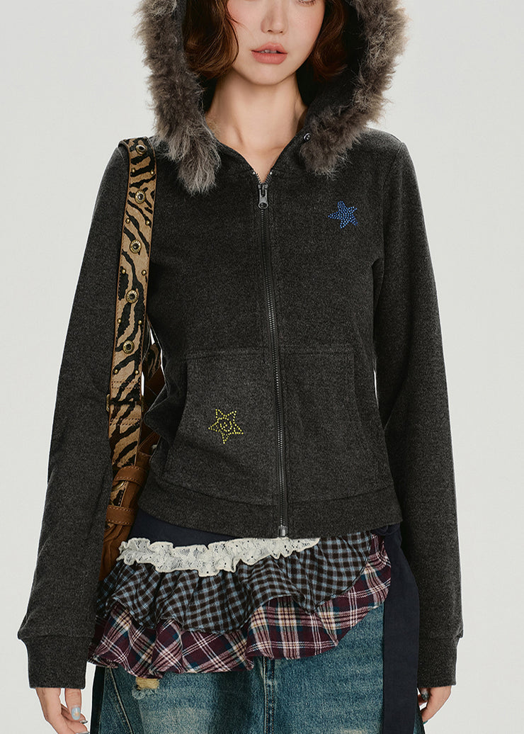 Boutique Charcoal Grey Faux Rabbit Hair Collar Star Cotton Hoodie Coat Winter