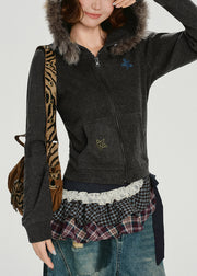 Boutique Charcoal Grey Faux Rabbit Hair Collar Star Cotton Hoodie Coat Winter