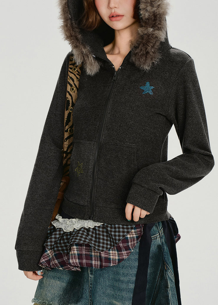 Boutique Charcoal Grey Faux Rabbit Hair Collar Star Cotton Hoodie Coat Winter