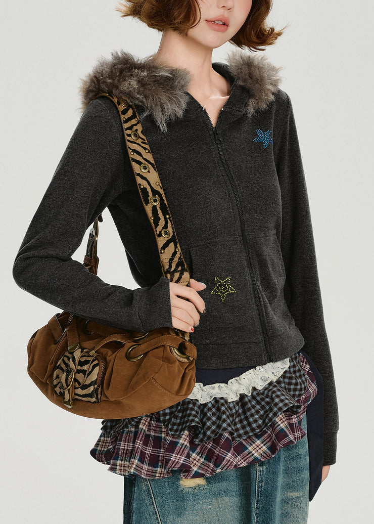 Boutique Charcoal Grey Faux Rabbit Hair Collar Star Cotton Hoodie Coat Winter