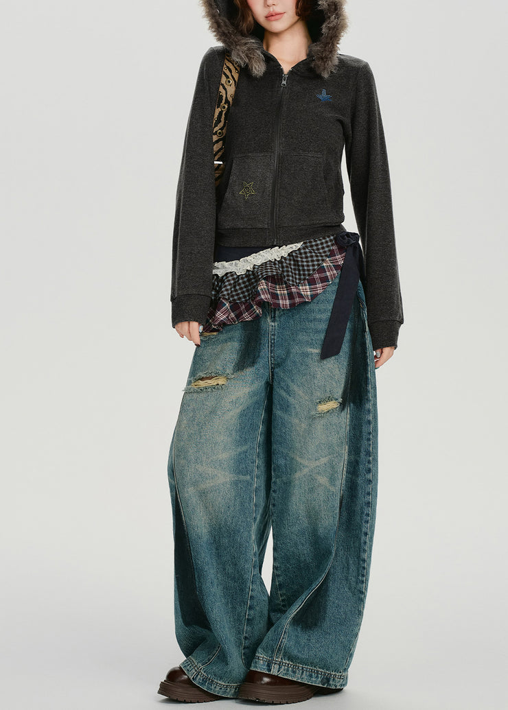 Boutique Charcoal Grey Faux Rabbit Hair Collar Star Cotton Hoodie Coat Winter