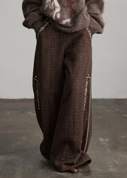 Boutique Coffee Embroidered Pockets Warm Fleece Pants Winter