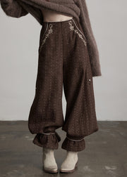 Boutique Coffee Embroidered Pockets Warm Fleece Pants Winter