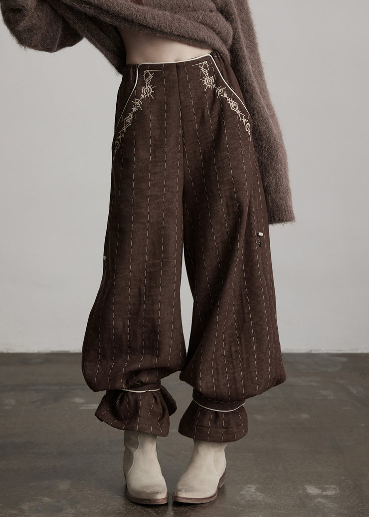 Boutique Coffee Embroidered Pockets Warm Fleece Pants Winter