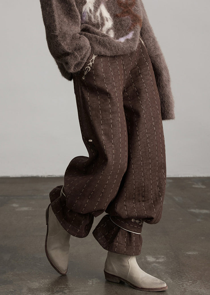 Boutique Coffee Embroidered Pockets Warm Fleece Pants Winter