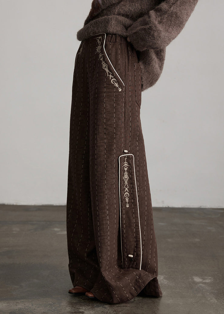 Boutique Coffee Embroidered Pockets Warm Fleece Pants Winter