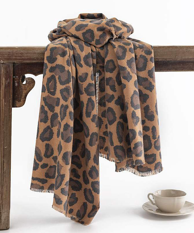 Boutique Coffee Leopard Tasseled Faux Cashmere Scarf