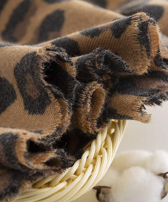 Boutique Coffee Leopard Tasseled Faux Cashmere Scarf